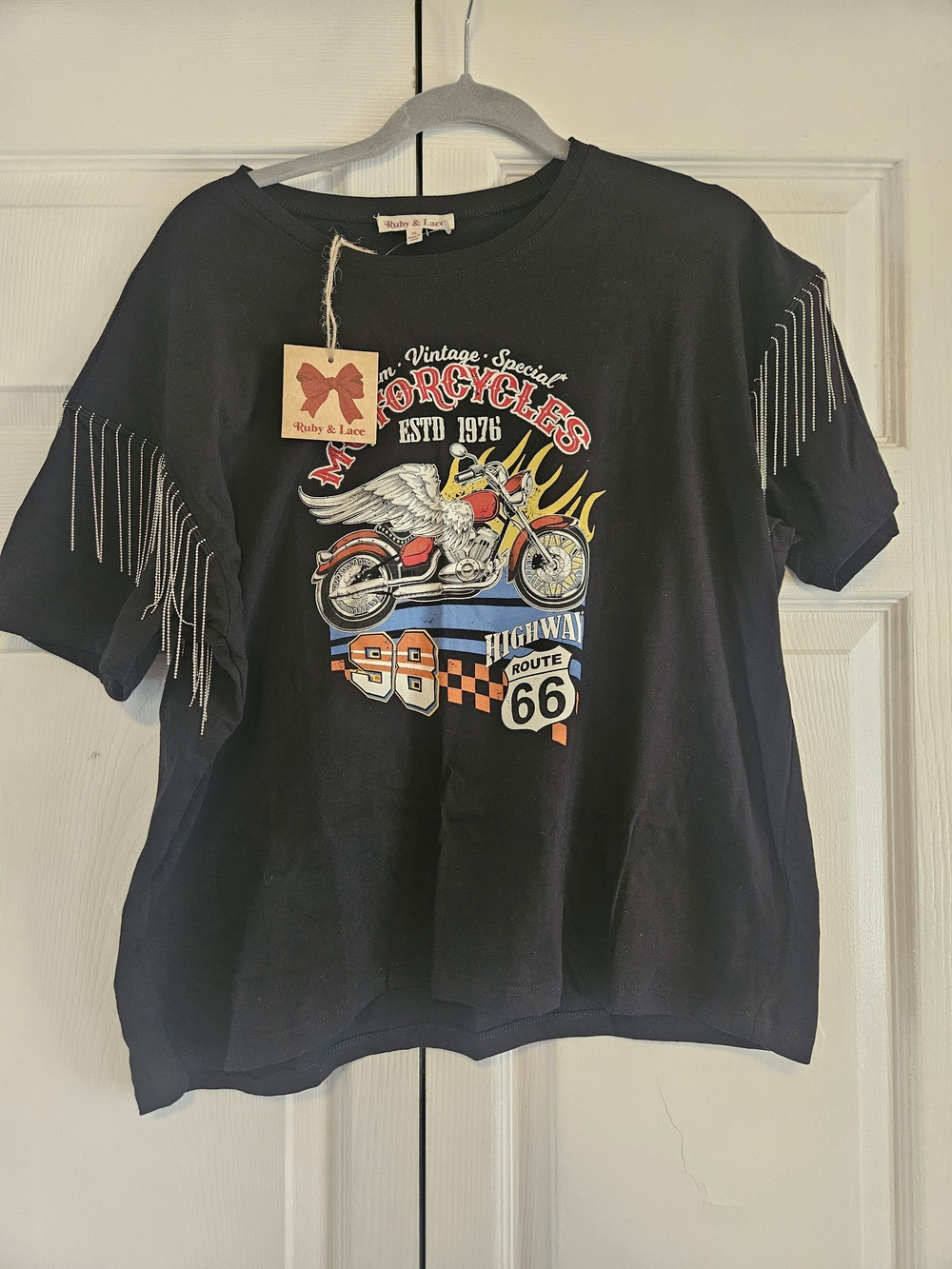 Ruby & Lace Black Motorcycle Graphic Tee with Fringe